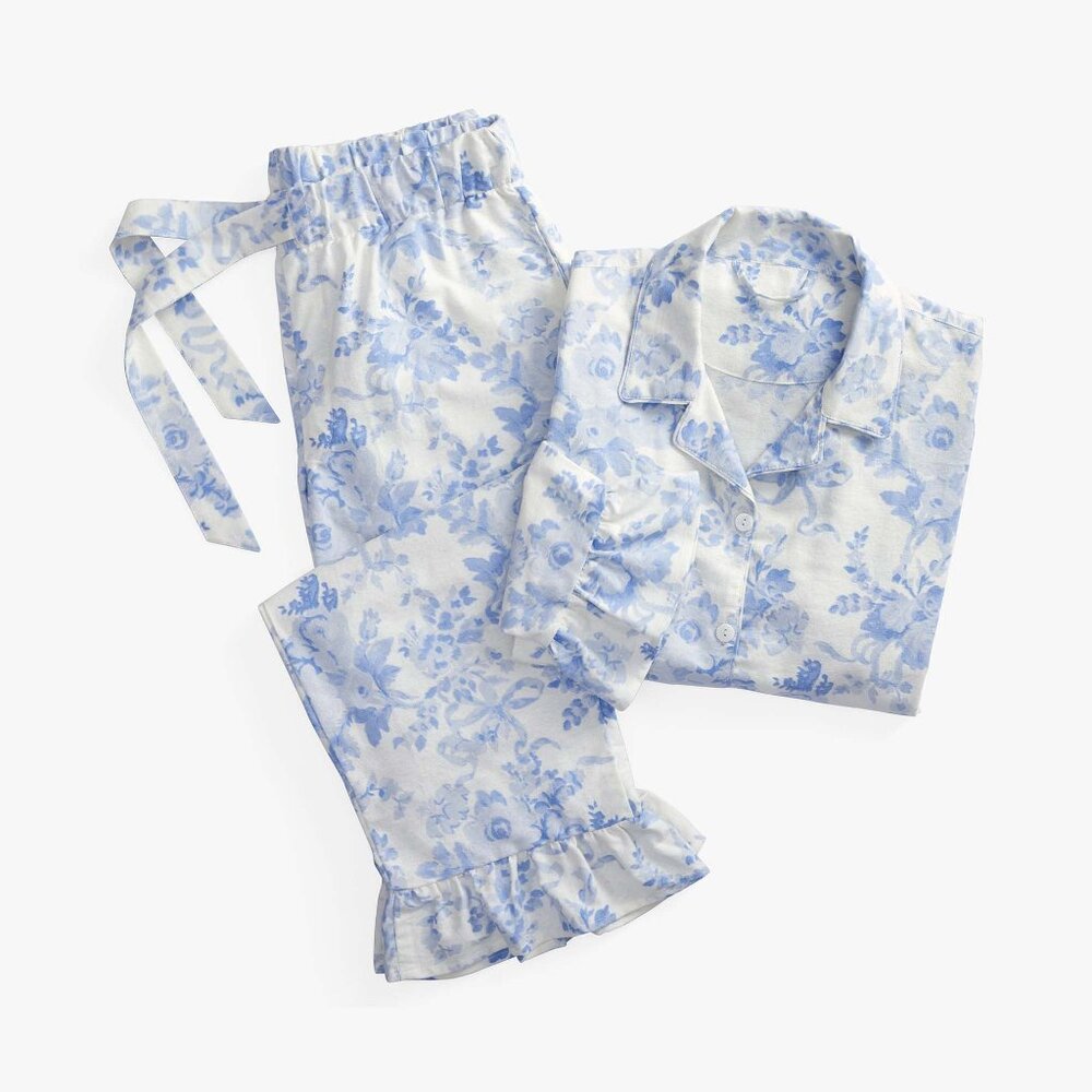 LoveShackFancy x Pottery Barn Flannel Pajama Set PJ Top & Bottoms Blue White NWT